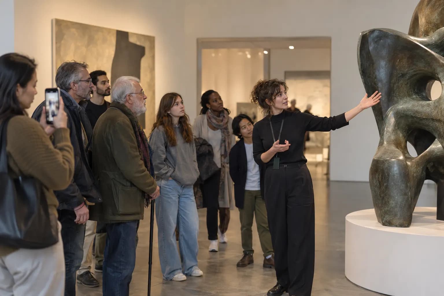 A guide points out a bronze sculpture to a small group of visitors of all ages on a guided tour of a museum
