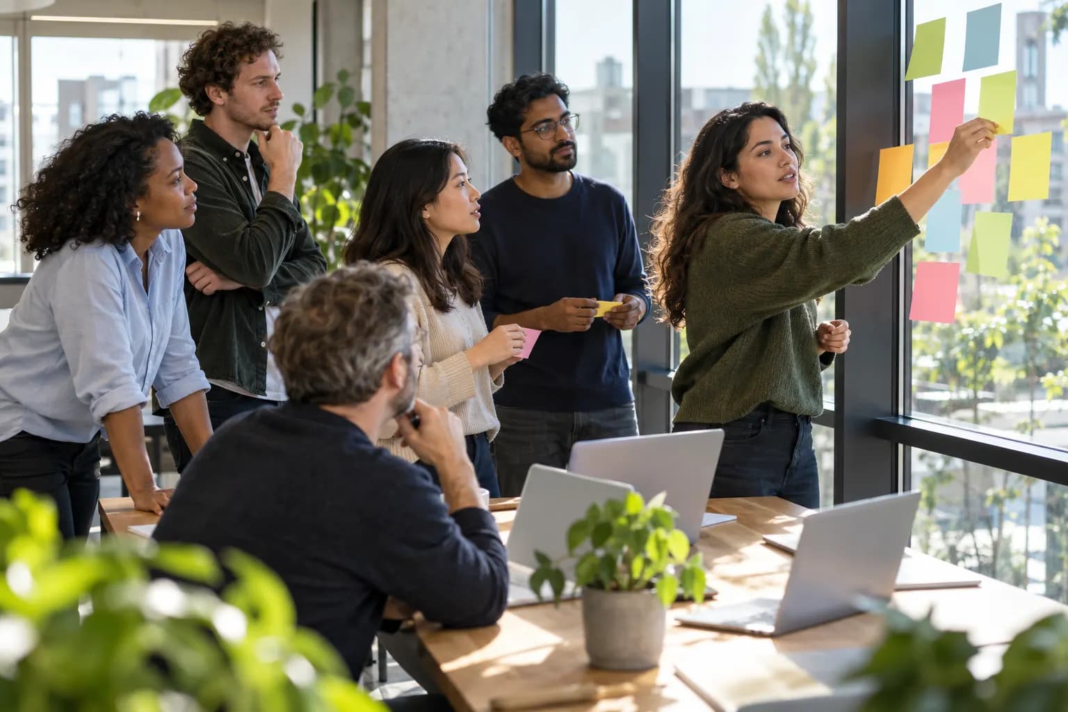 Colleagues in a team workshop gather by a window covered in coloured sticky notes