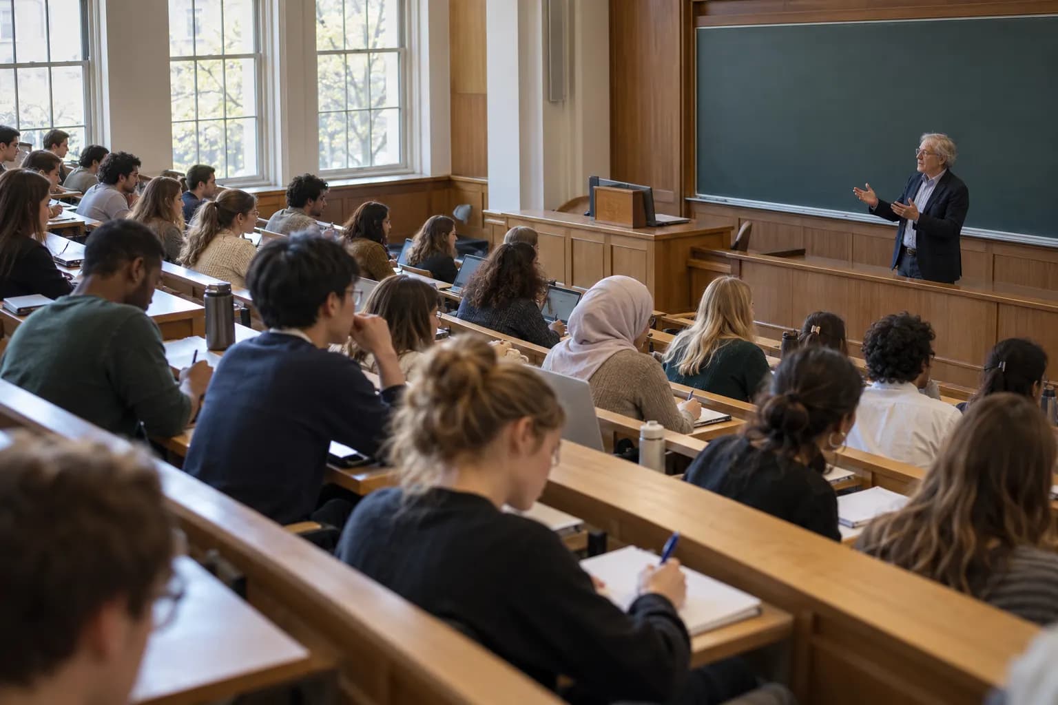Students take notes in a wood-panelled lecture hall while a professor speaks at the blackboard